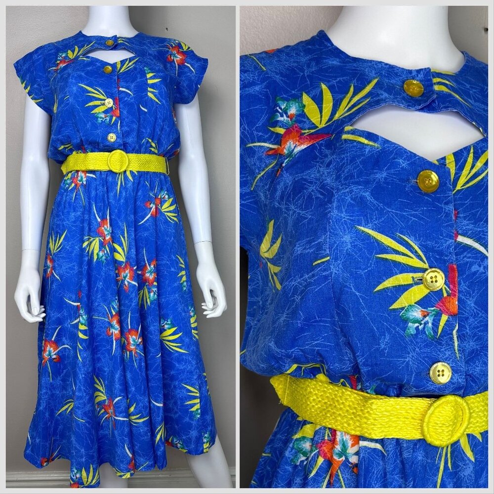 Vintage 1980s Tropical Blue Floral Dress with Cut Out, Impromptu Size Medium